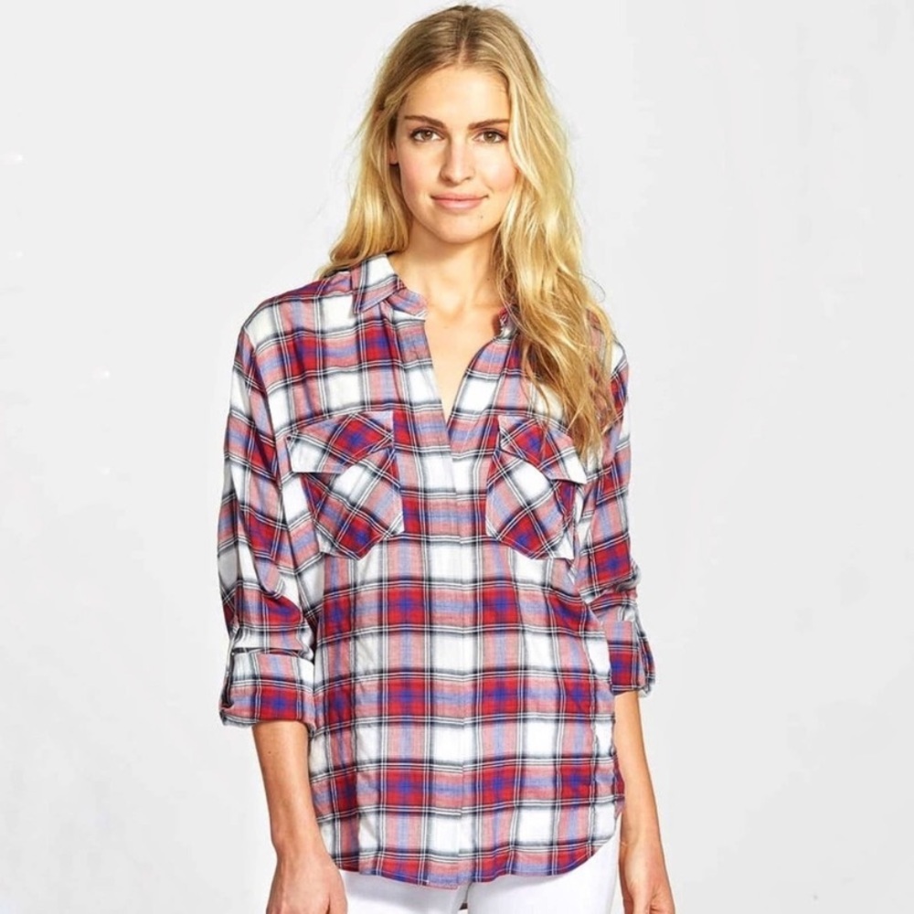 Sam Edelman Red Blue Plaid Tuxedo Tail Top XS